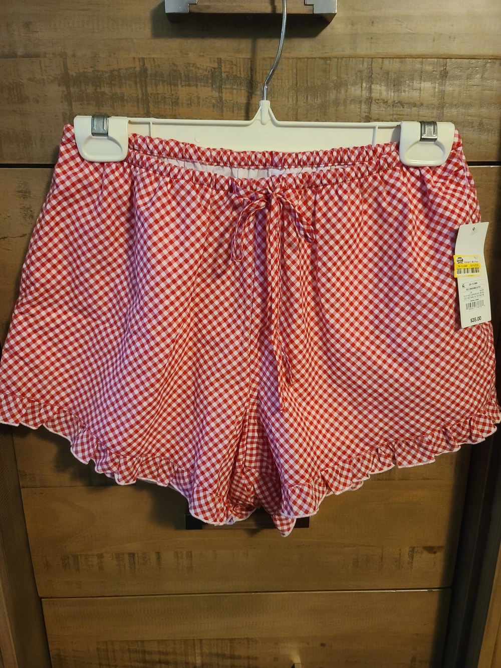 Mid-Rise Red Gingham Elastic Drawstring Shorts
